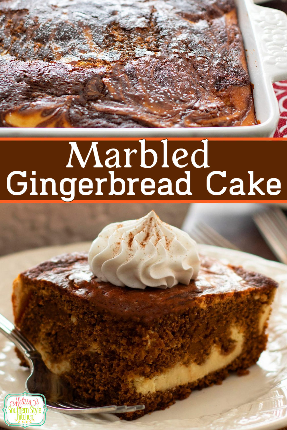This Marbled Gingerbread Cake features a cheesecake-like swirl gives it a little something extra special to enjoy #gingerbread #gingerbreadcake #cakes #christmascakes #cakerecipes #gingerbreadrecipes #desserts #dessertfoodrecipes #southernfood #southernrecipes #holidaybaking via @melissasssk