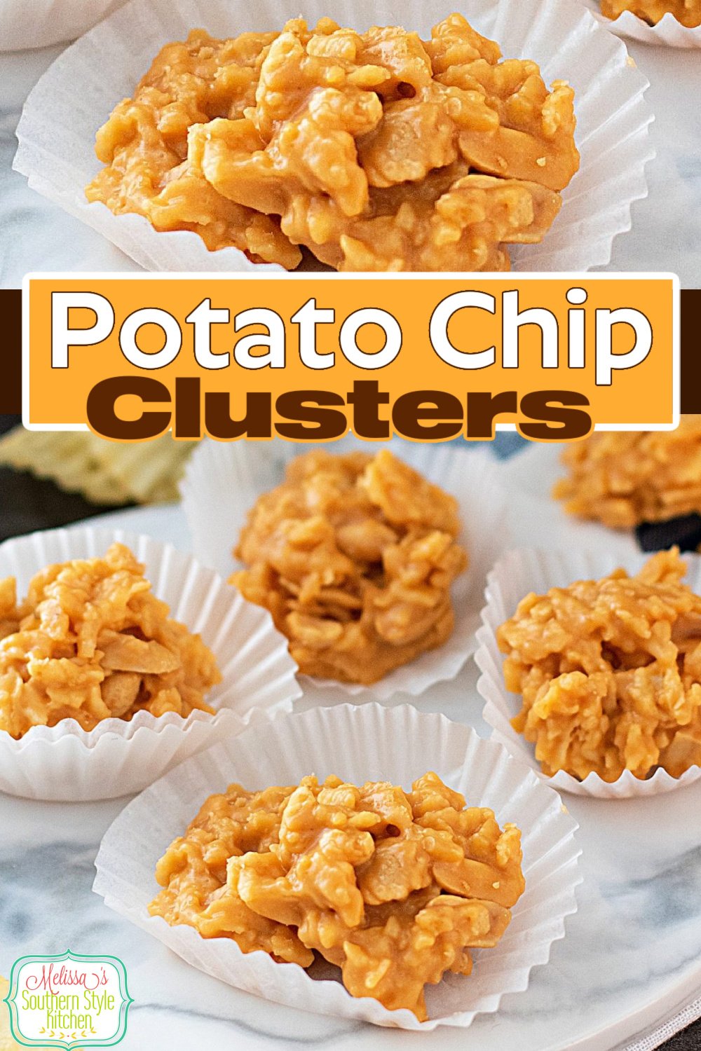 These Potato Chip Clusters feature that sweet and salty flavor combination that moves them to the top of the oh-so-yummy candies to make. #potatochipclusters #potatochipcandy #potatochips #candy #easycandyrecipes #butterscotch #sweets #desserts #dessertfoodrecipes #holidayrecipes #christmascandy via @melissasssk