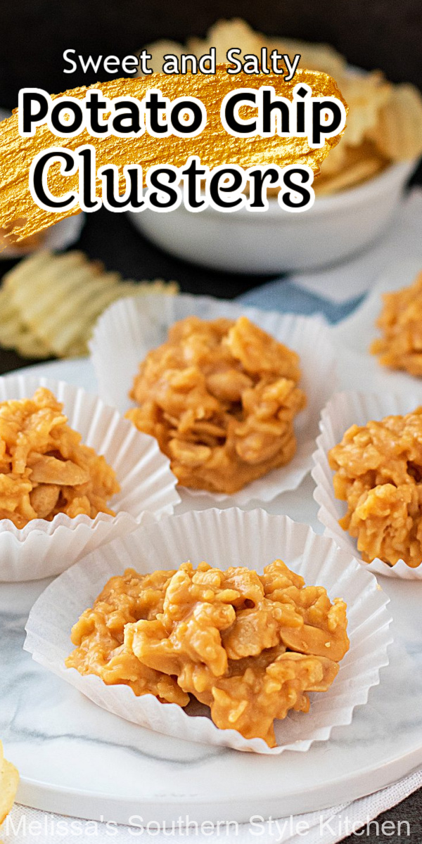 These Potato Chip Clusters feature that sweet and salty flavor combination that moves them to the top of the oh-so-yummy candies to make. #potatochipclusters #potatochipcandy #potatochips #candy #easycandyrecipes #butterscotch #sweets #desserts #dessertfoodrecipes #holidayrecipes #christmascandy via @melissasssk