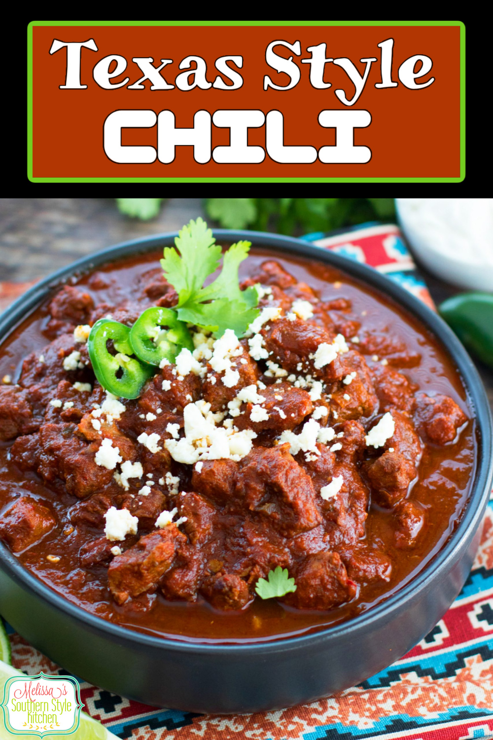 This rich and hearty all beef Texas Style Chili is packed with flavor and color to boot #texaschili #chilirecipes #chili #beefrecipes #chuckroastrecipes #nobeanschilirecipe #dinner #dinnerideas #southernfood #southernrecipes via @melissasssk