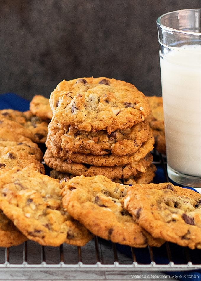 baked Almond Joy Cookies with a glass of milk 
