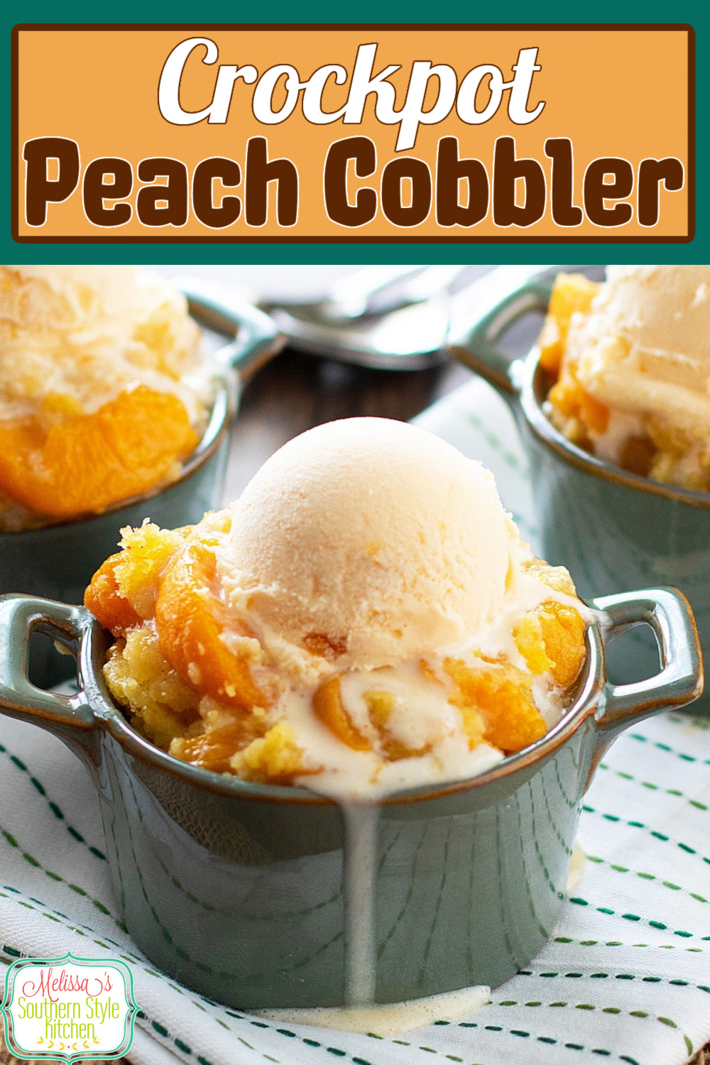Enjoy a heaping helping of this Crockpot Peach Cobbler with a big scoop of vanilla ice cream for a warm and cozy dessert #peachcobbler #cobblerrecipes #peaches #peachdesserts #crockpotpeachcobbler #slowcookedpeachcobbler #crockpotrecipes #cakemixhack #desserts #dessertfoodrecipes #southernfood #southernrecipes via @melissasssk