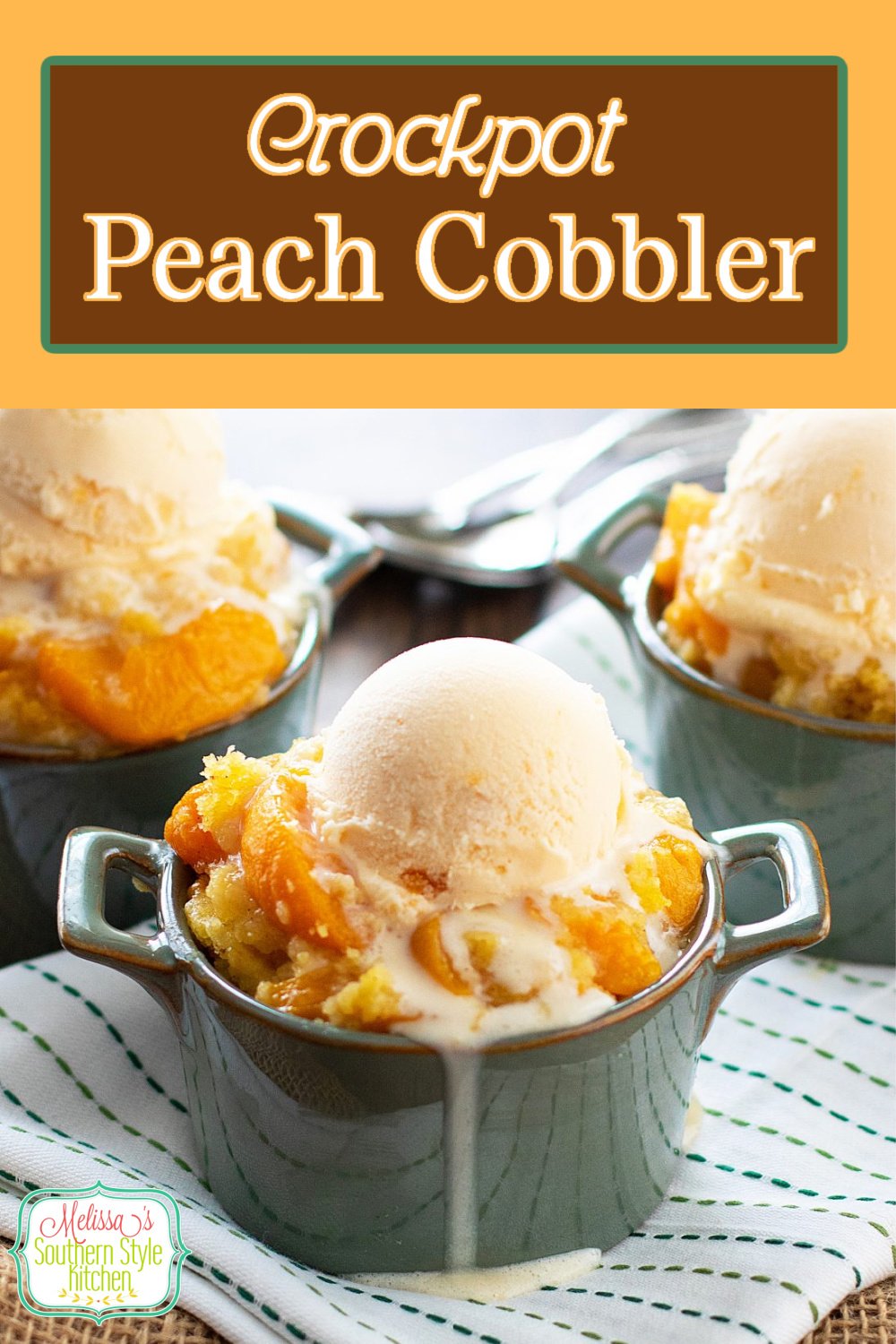 Enjoy a heaping helping of this Crockpot Peach Cobbler with a big scoop of vanilla ice cream for a warm and cozy dessert #peachcobbler #cobblerrecipes #peaches #peachdesserts #crockpotpeachcobbler #slowcookedpeachcobbler #crockpotrecipes #cakemixhack #desserts #dessertfoodrecipes #southernfood #southernrecipes