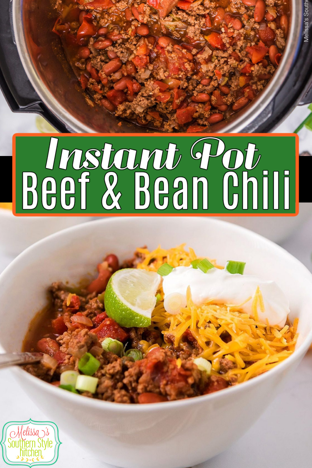 Instant Pot Beef and Bean Chili is packed with flavor. It makes a fun supper or game day snack in no time flat #instantpotchili #beefandbeanchili #instantpotrecipes #easygroundbeefrecipes #chilirecipes #chiliwithbeans #dinner #dinnerrecipeideas #southernfood #southernrecipes via @melissasssk