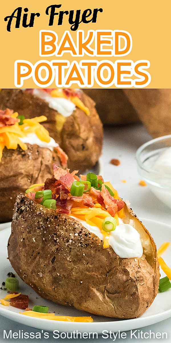 These Air Fryer Baked Potatoes are creamy and fluffy on the inside with a crisp seasoned skin, making them the ideal side dish for any entree #airfryerbakedpotatoes #airfryerrecipes #airfryerpotatoes #bakedpotatoes #loadedbakedpotatoes #sidedishrecipes #southernrecipes #potatoes via @melissasssk