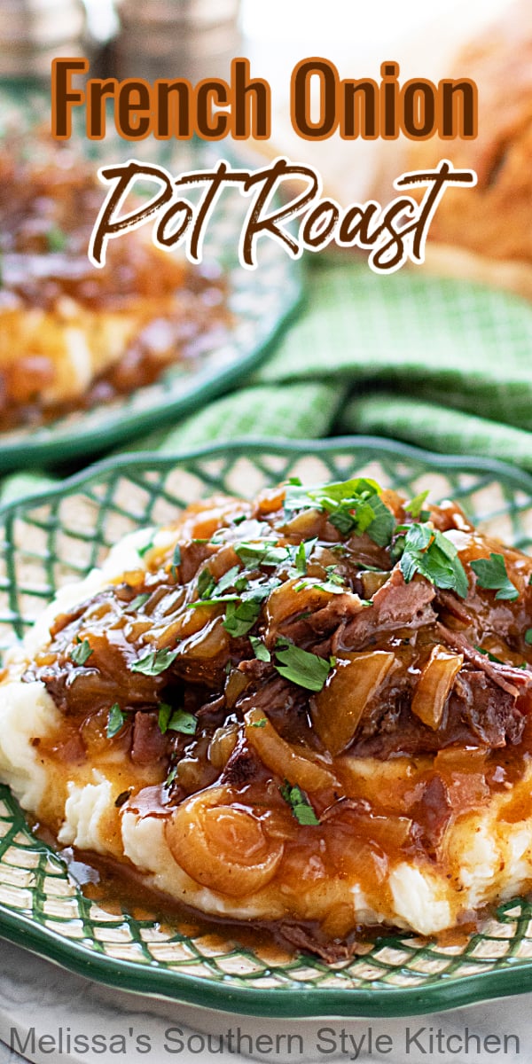 This rich and flavorful French Onion Pot Roast simmers in the oven in a robust french onion jus until it's tender and succulent. #potroastrecipes #easybeefrecipes #chuckroast #frenchonionsoup #frenchonionpotroast #sundaysupper #braisedbeef #beefrecipes #braisedpotroast #ovenbraisedroast via @melissasssk