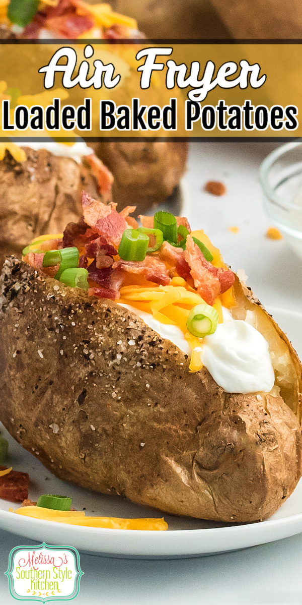 These Air Fryer Baked Potatoes are creamy and fluffy on the inside with a crisp seasoned skin, making them the ideal side dish for any entree #airfryerbakedpotatoes #airfryerrecipes #airfryerpotatoes #bakedpotatoes #loadedbakedpotatoes #sidedishrecipes #southernrecipes #potatoes
