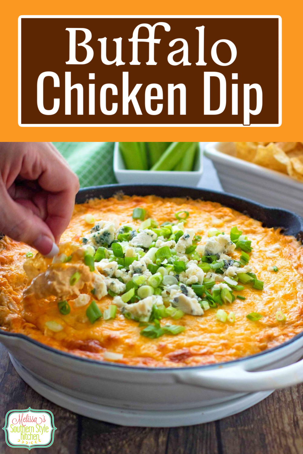 This Buffalo Chicken Dip is warm, gooey and ready for dipping with celery sticks, fritos, tortilla chips, crackers or garlic bread #buffalochickendip #buffalowingsrecipe #easydiprecipes #snacks #wings #easychickenrecipes #easychickenbreastrecipes #southern recipes via @melissasssk