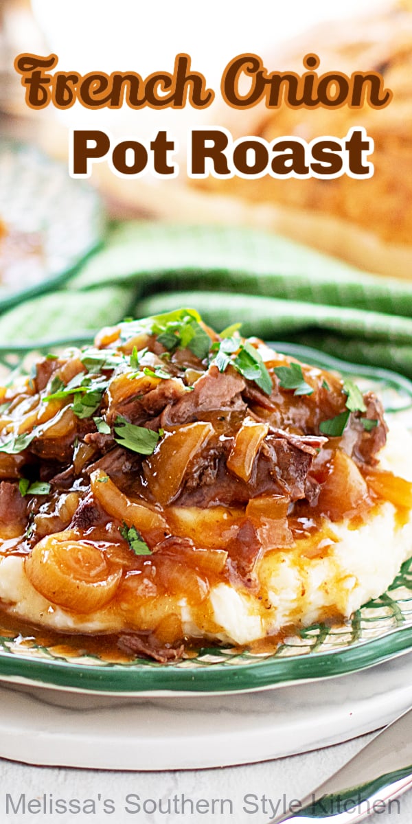 This rich and flavorful French Onion Pot Roast simmers in the oven in a robust french onion jus until it's tender and succulent. #potroastrecipes #easybeefrecipes #chuckroast #frenchonionsoup #frenchonionpotroast #sundaysupper #braisedbeef #beefrecipes #braisedpotroast #ovenbraisedroast via @melissasssk