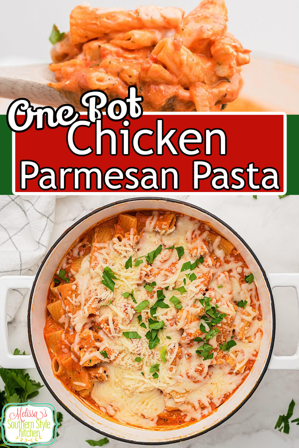 Enjoy this mouthwatering One Pot Creamy Chicken Parmesan Pasta for Italian night at home #chickenparmesan #onepotpasta #chickenparmesanpasta #easychickenrecipes #pasta #onepotrecipes #dinnerideas #southernrecipes #chickenbreastrecipes via @melissasssk