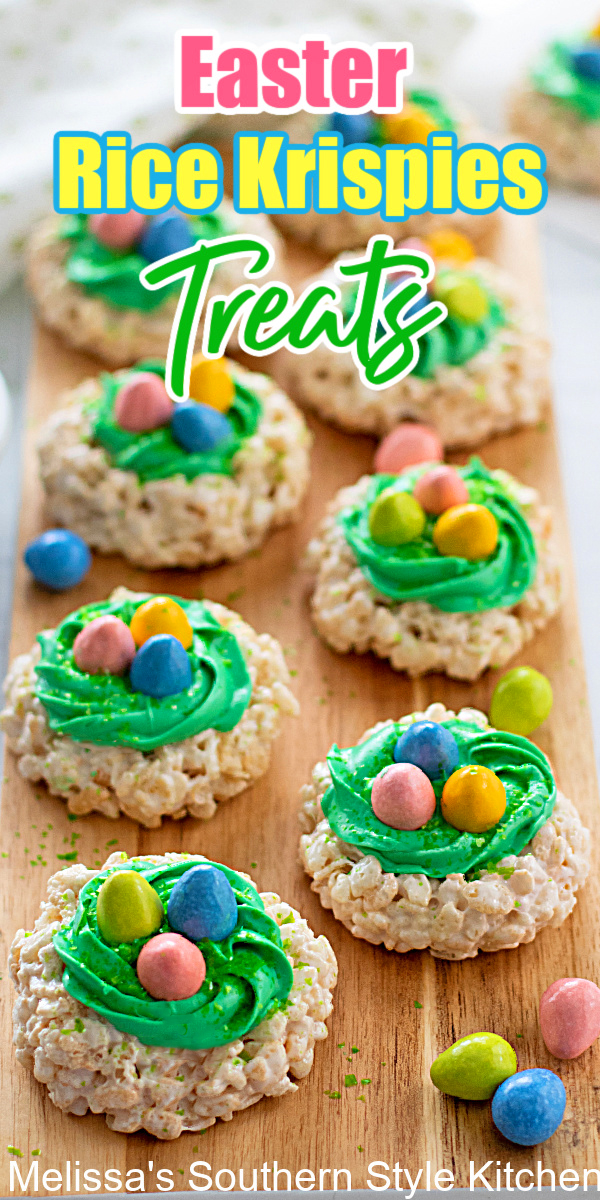 Kids of all ages will love these cute little Easter Rice Krispies Treats #easterdesserts #easterricekrispiestreats #eastercandy #ricekrispiestreats #easternests #ricekrispiestreatsnests