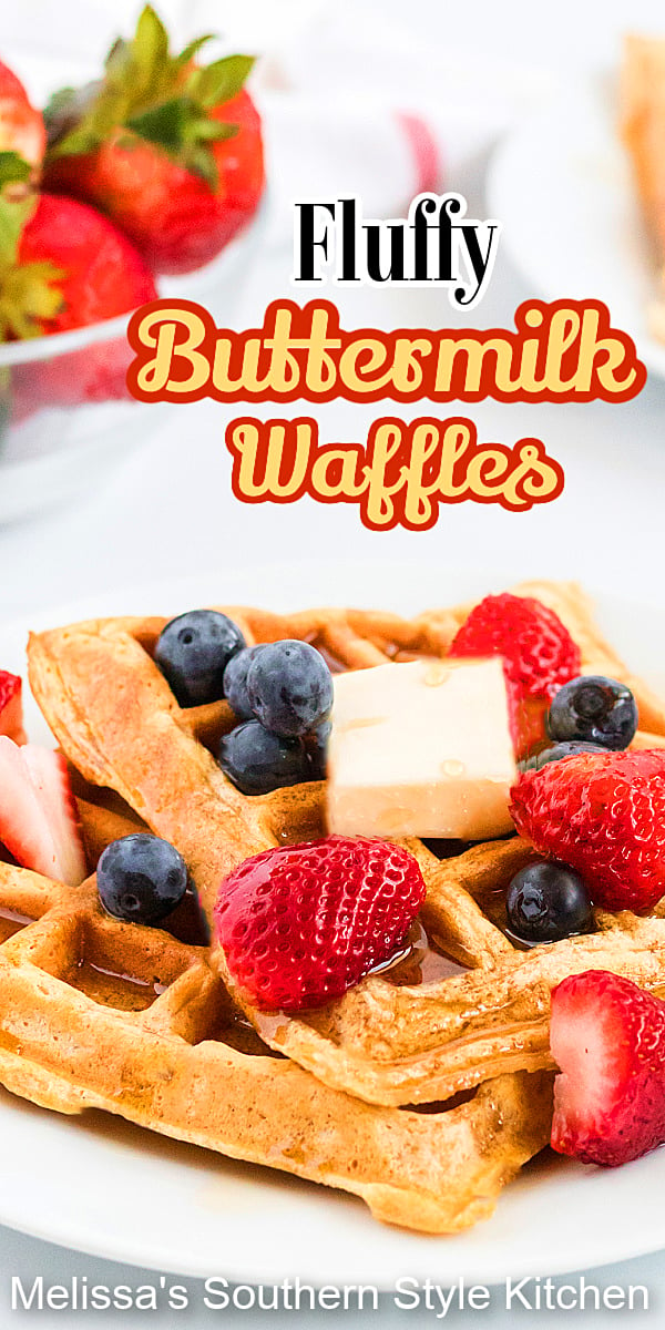 These Fluffy Buttermilk Waffles drizzled with maple syrup and a side of fresh berries will create a delicious start to the day #waffles #bestwaffles #brunch #desserts #breakfast #buttermilkwaffles #southernrecipes #holidaybrunch via @melissasssk
