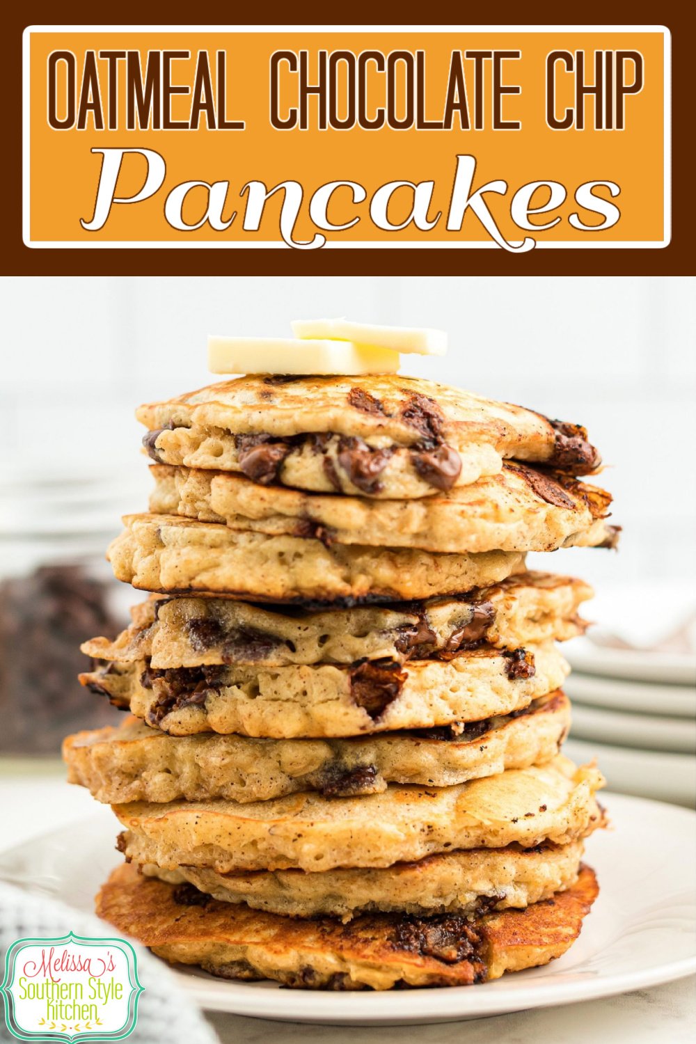 Enjoy a stack of homemade Oatmeal Chocolate Chip Pancakes topped with butter and a drizzle of syrup to kick start your day #oatmealpanckaes #pancakerecipes #oatmealchocolatechip #chocolatechippancakes #oatmealchocolatechippanckes #brunch #breakfast #southernrecipes via @melissasssk