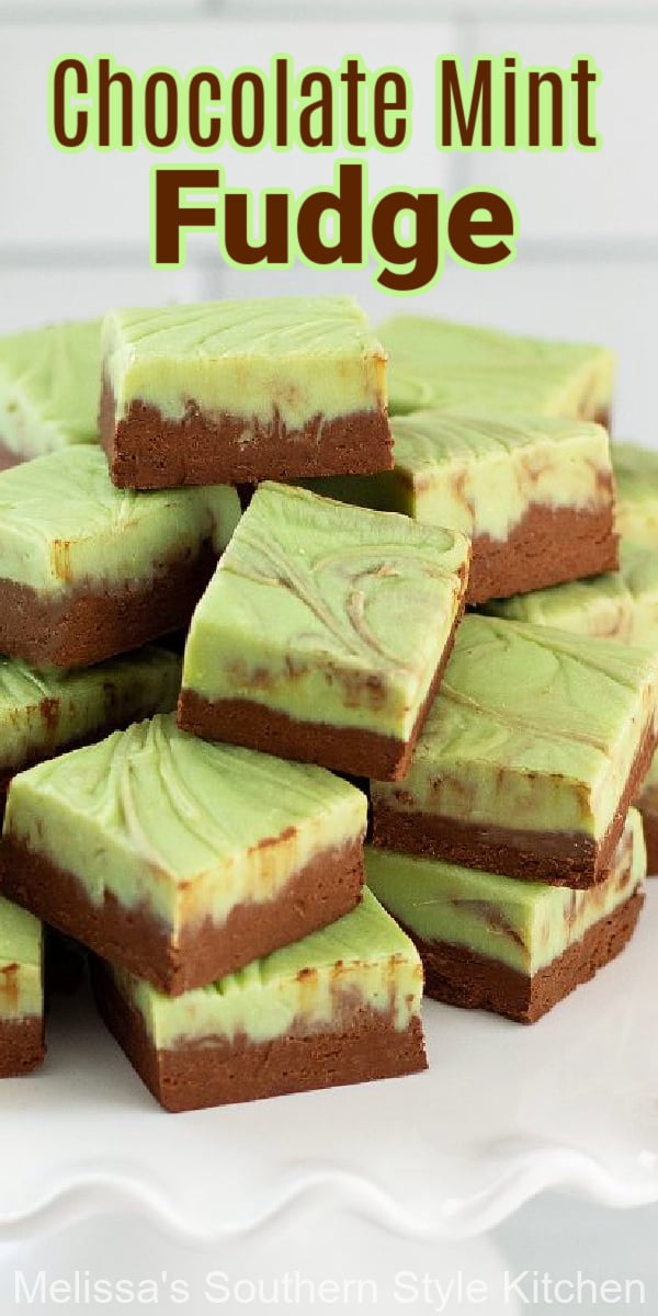 This oh-so-easy Chocolate Mint Fudge makes a stunning and colorful addition to your holiday sweets menu any time of year #chocolatemintfudge #fudgerecipes #mintfudge #easyfudge #southernrecipes #southernfood #stpatricksday #mint #desserts #holidayrecipes #christmasrecipes