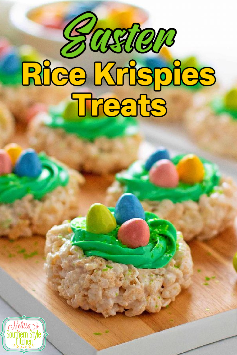 Kids of all ages will love these cute little Easter Rice Krispies Treats #easterdesserts #easterricekrispiestreats #eastercandy #ricekrispiestreats #easternests #ricekrispiestreatsnests