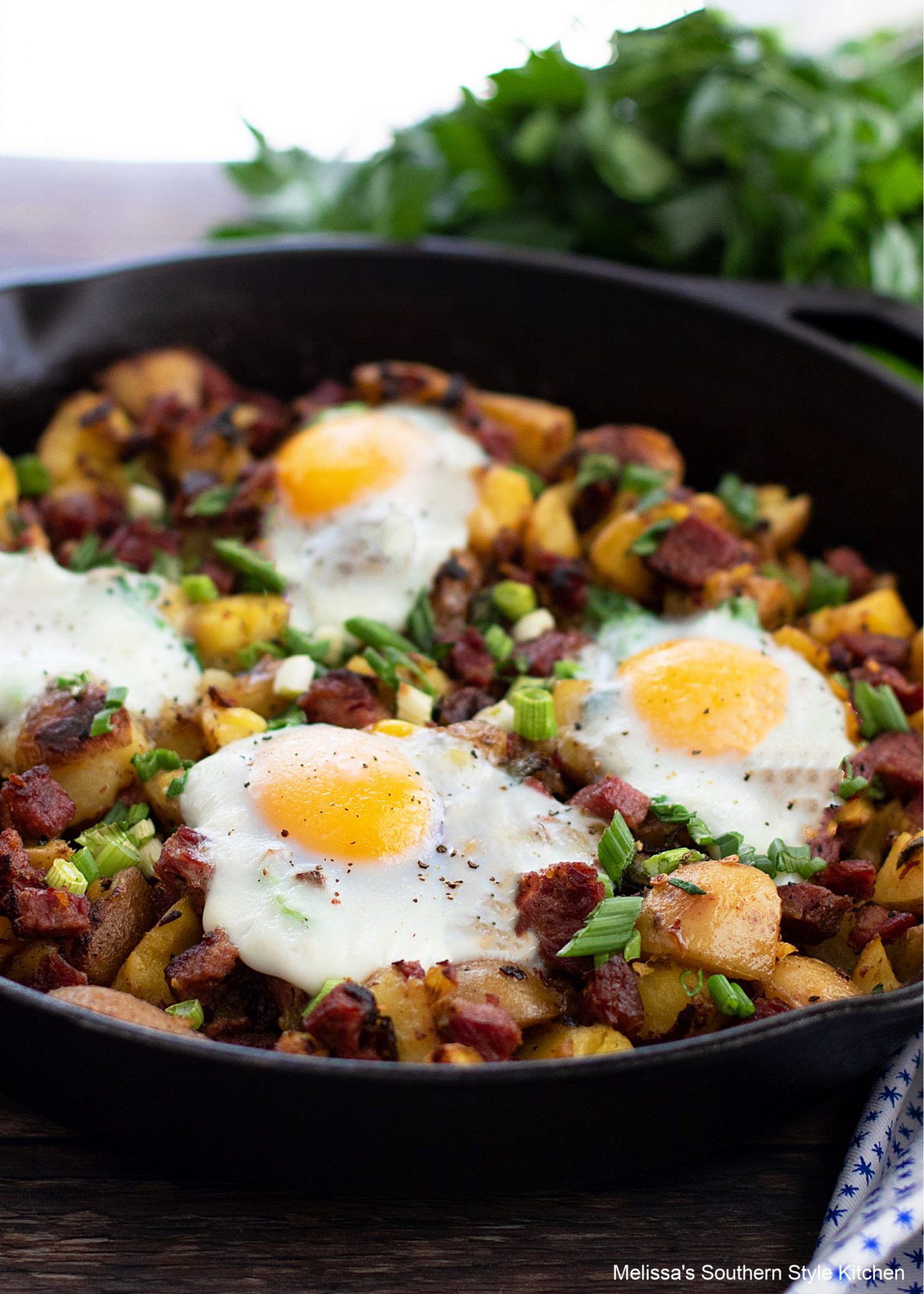 Corned Beef Hash made in a cast iron skillet 