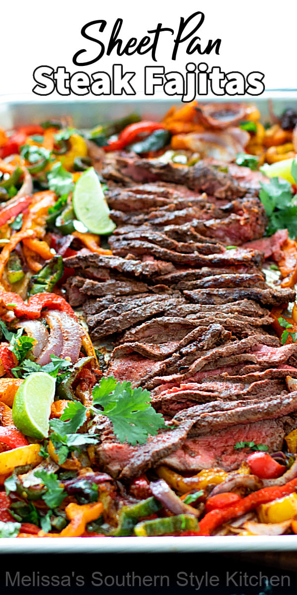 These prep-in-advance Sheet Pan Steak Fajitas feature flavorful seasonings and vibrant colors that will appeal to fajita fans of all ages #steakfajitas #sheetpanfajitas #sheetpansteaks #steakfajitarecipes #flatironsteaks #mexicanfood #southernrecipes