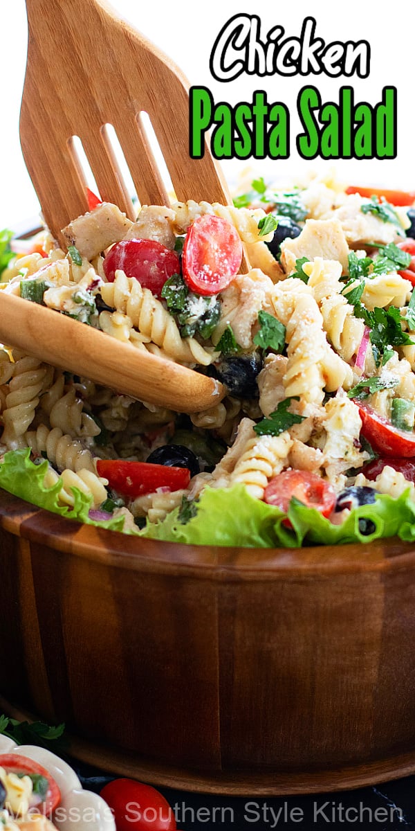 This Chicken Pasta Salad is filled with grilled chicken, chevre cheese and rotini pasta making it ideal for a family dinner or entertaining #pastasalad #chickenpastasalad #pastasaladrecipes #pasta #pastarecipes #grilledchicken #chickenrecipes #salads #southernrecipes via @melissasssk