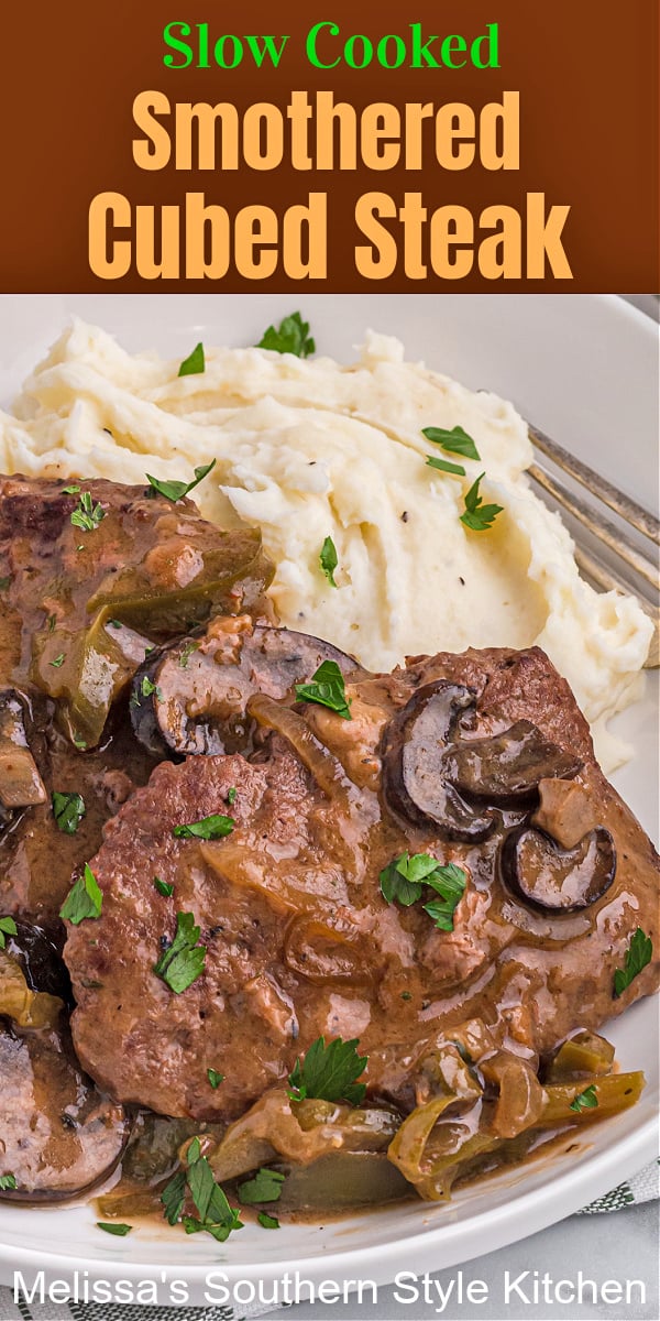 Make tender Slow Cooked Smothered Cubed Steak simmered in a flavorful gravy #slowcookersteak #steakrecipes #cubesteakwithgravy #cubedsteakrecipes #smotheredsteak #dinner #crockpotrecipes #beef #dinnerideas #southernrecipes #southernfood