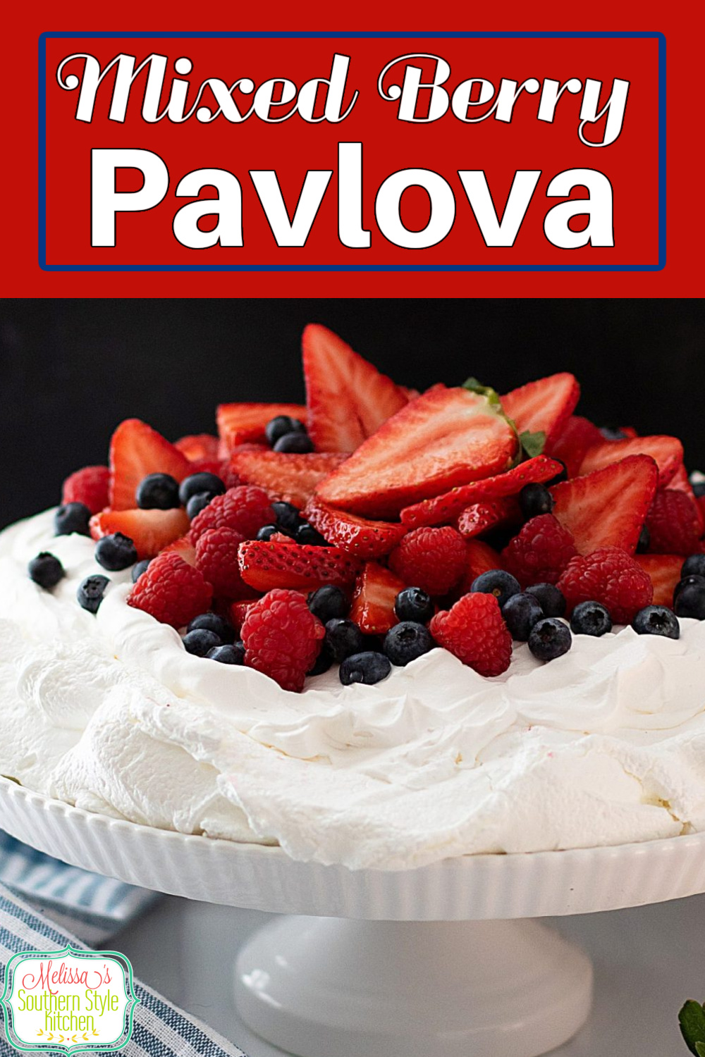 This billowy Mixed Berry Pavlova is a decadent dessert that's suitable for casual dining or entertaining #pavlova #mixedberries #easypavlova #pavlovarecipe #homemadewhippedcream #easydesserts #desserts #dessertfoodrecipes #southernrecipes via @melissasssk