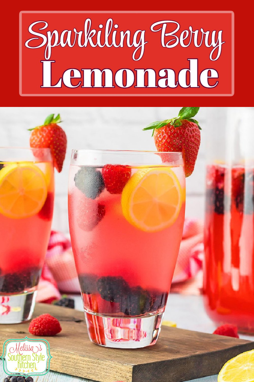 Cool down in style on a hot day with a tall glass of  chilled Sparkling Berry Lemonade garnished with berries or a sprig of mint. #lemonade #sparklinglemonade #berrylemonade #lemonaderecipes #strawberrylemonade #nonalcoholicdrinks #familyfriendlydrinks #southernrecipes via @melissasssk