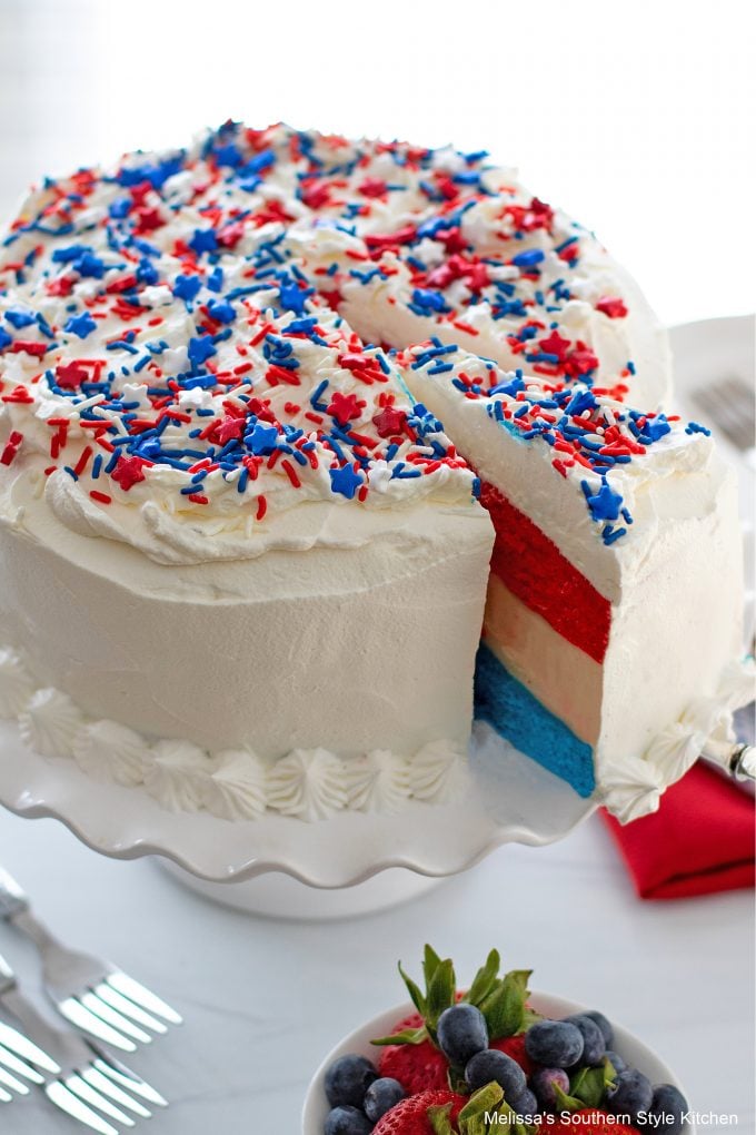 Red White and Blue Ice Cream Cake on a cake stand