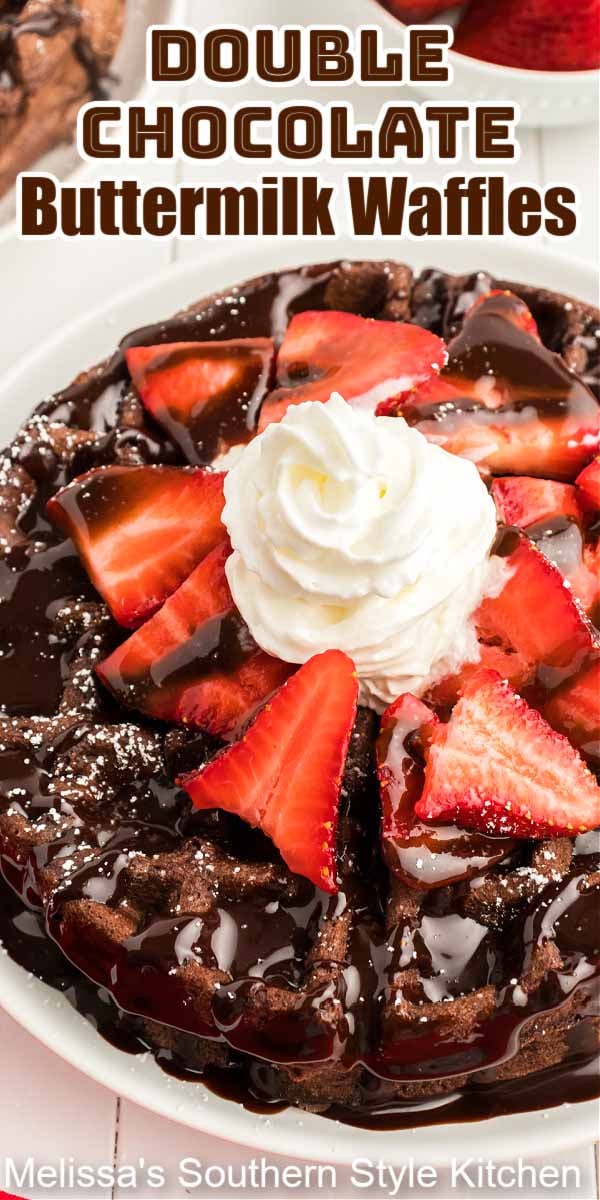 These Double Chocolate Buttermilk Waffles can be made for breakfast, brunch or dessert topped with berries, chocolate syrup and fresh cream #chocolatewaffles #doublechocolatewaffles #wafflesrecipe #chocolatechipwaffles #brunchrecipes #desserts #dessertfoodrecipes #southernrecipes #holidaybrunch #chocolate