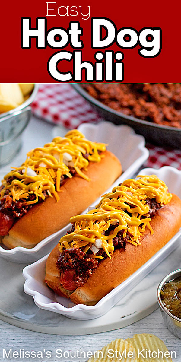 Serve this Easy Hot Dog Chili as a featured topping for hot dogs at your next backyard soiree #easyhotdogchili #chilirecipes #hotdogs #condiments #southernchili #bestchilirecipes #easygroundbeefrecipes #chilidogs #homemadechilirecipe