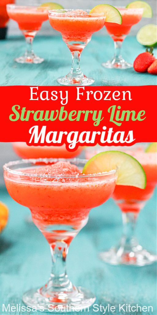 These Easy Frozen Strawberry Lime Margaritas are just the ticket when creating your own fiesta #margaritas #strawberrymargaritas #strawberrylimemargaritas #virginmargaritas #drinks #partyfood