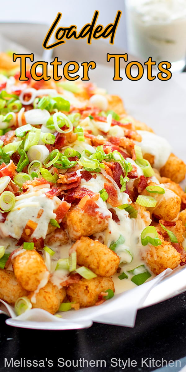 This fun to make Loaded Tater Tots Recipe can be served as an appetizer, side dish or for game day snacking #tatertots #loladedtatertots #queso #cheesytatertots #taterttotsrecipe #potatoes #potatorecipe #easyrecipes #sidedishrecipes #appetizers #southernrecipes