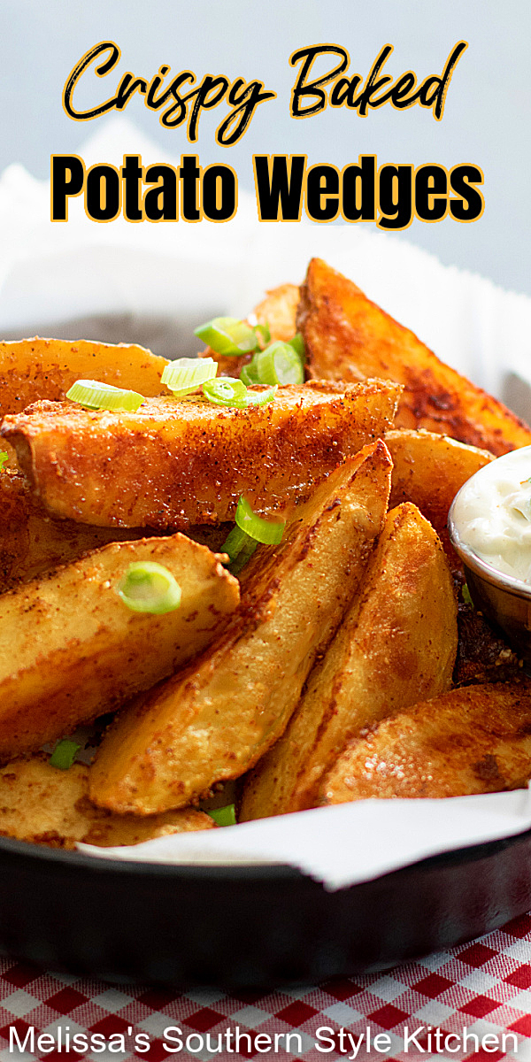 These super easy Crispy Baked Potato Wedges can be served as an appetizer, game day snack or a side dish #crispypotatoes #crispypotatowedges #potatowedges #potatoes #potatorecipes #bakedpotatoes #easysidedishrecipes #easypotatorecipes #southernrecipes