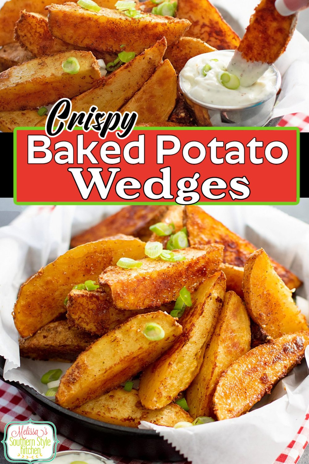 These super easy Crispy Baked Potato Wedges can be served as an appetizer, game day snack or a side dish #crispypotatoes #crispypotatowedges #potatowedges #potatoes #potatorecipes #bakedpotatoes #easysidedishrecipes #easypotatorecipes #southernrecipes via @melissasssk