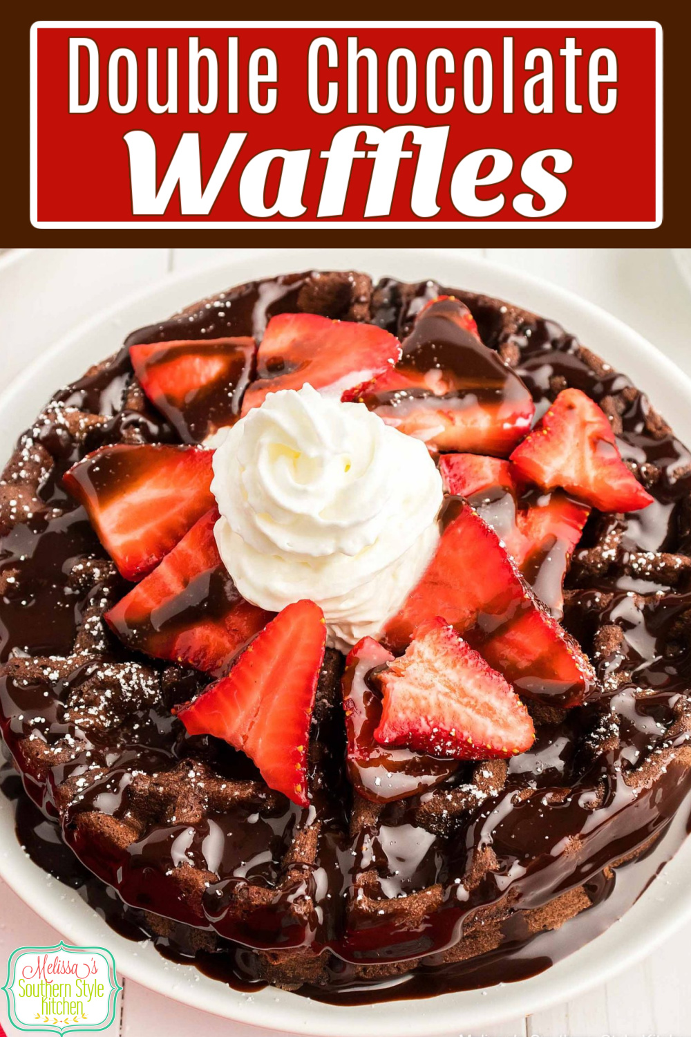 These Double Chocolate Buttermilk Waffles can be made for breakfast, brunch or dessert topped with berries, chocolate syrup and fresh cream #chocolatewaffles #doublechocolatewaffles #wafflesrecipe #chocolatechipwaffles #brunchrecipes #desserts #dessertfoodrecipes #southernrecipes #holidaybrunch #chocolate via @melissasssk