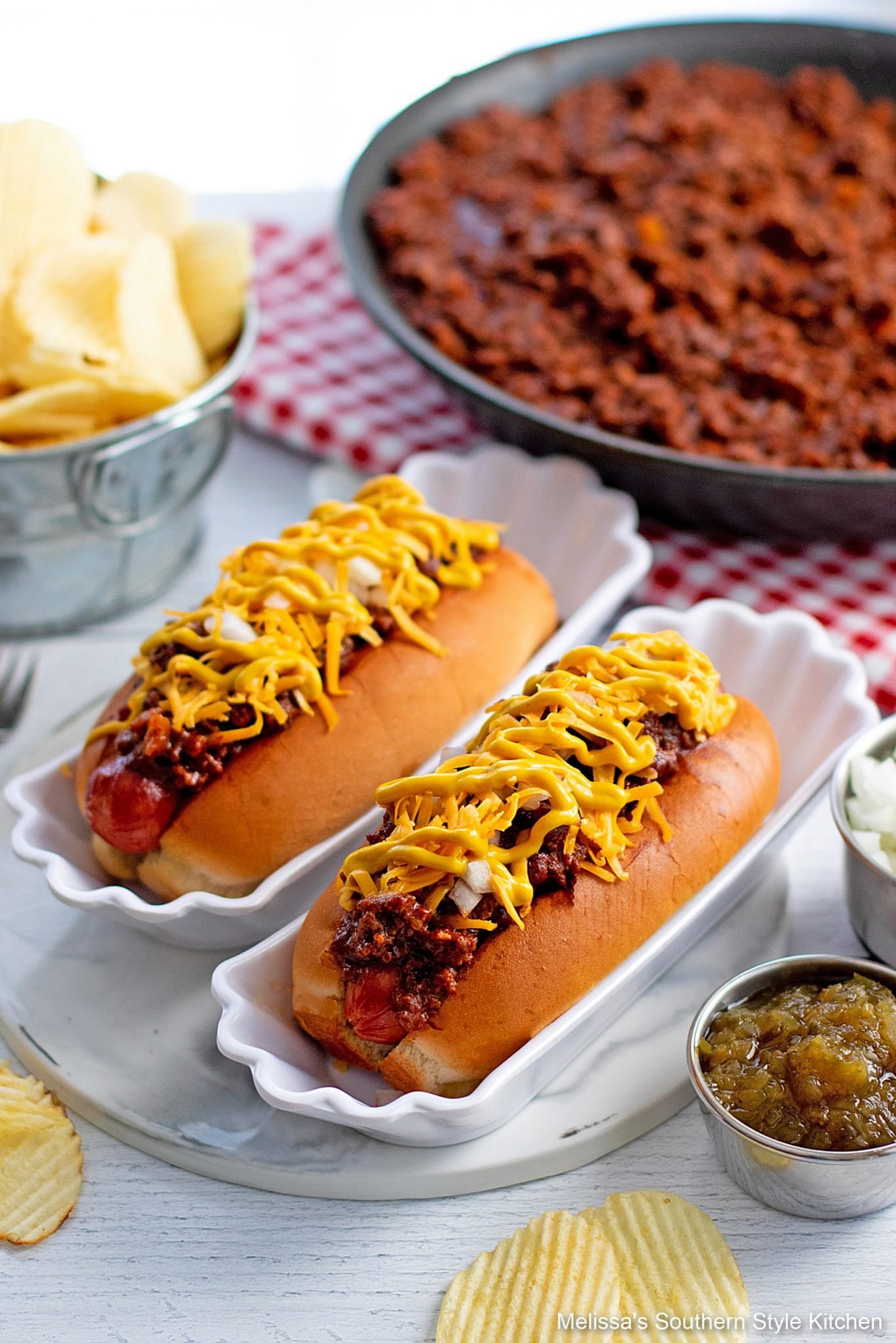 plated hot dogs with chili