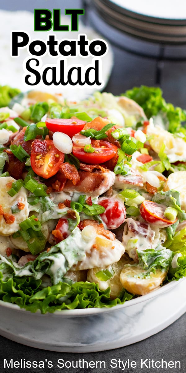 This tasty BLT Potato Salad features the best of potato salad and BLT fixings combining them into one satisfying dish #potatosalad #bltpotatosalad #potatoes #easypotatosaladrecipes #BLT #BLTrecipes #bacon #southernpotatosalad #salads #picnicsides