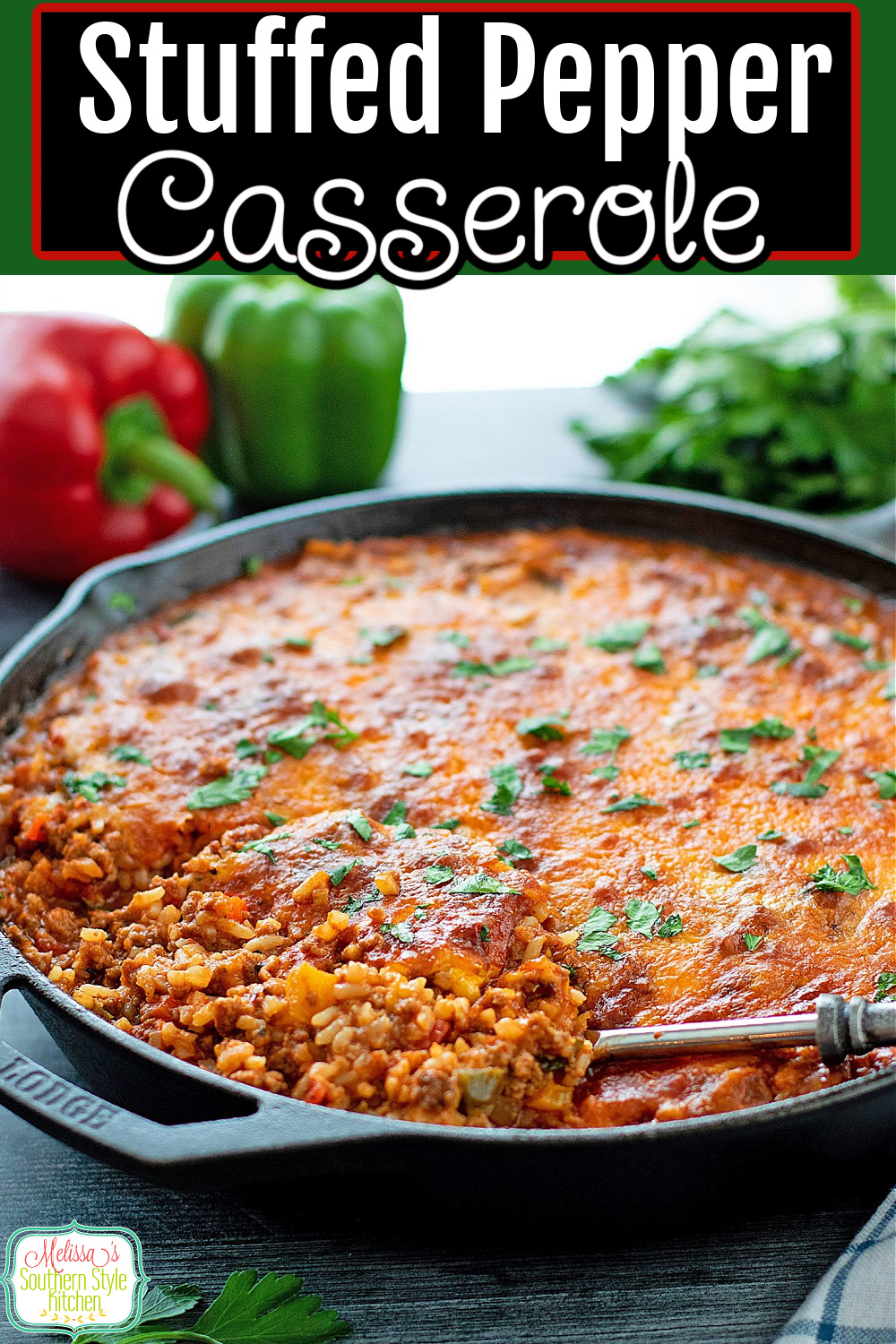 This Stuffed Pepper Casserole features a deconstructed mixture of stuffed pepper deliciousness #stuffedpeppers #stuffedpeppercasserole #casseroles #casserolerecipes #easygroundbeefrecipes via @melissasssk