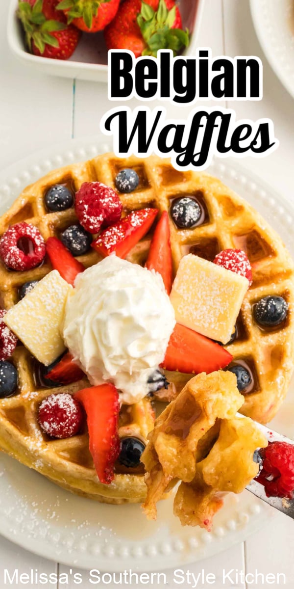 This Belgian Waffles Recipe is a stellar option for weekend breakfasts, holiday brunch or dessert topped with whipped cream and berries #waffles #belgianwaffles #wafflerecipes #holidaybrunch #breakfast #brunchrecipes