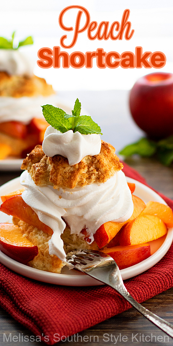 Treat the family to this Peach Shortcake recipe topped with homemade bourbon whipped cream #peachshortcake #peaches #peachrecipes #peachdesserts #shortcakes #southerndesserts #southernrecipes