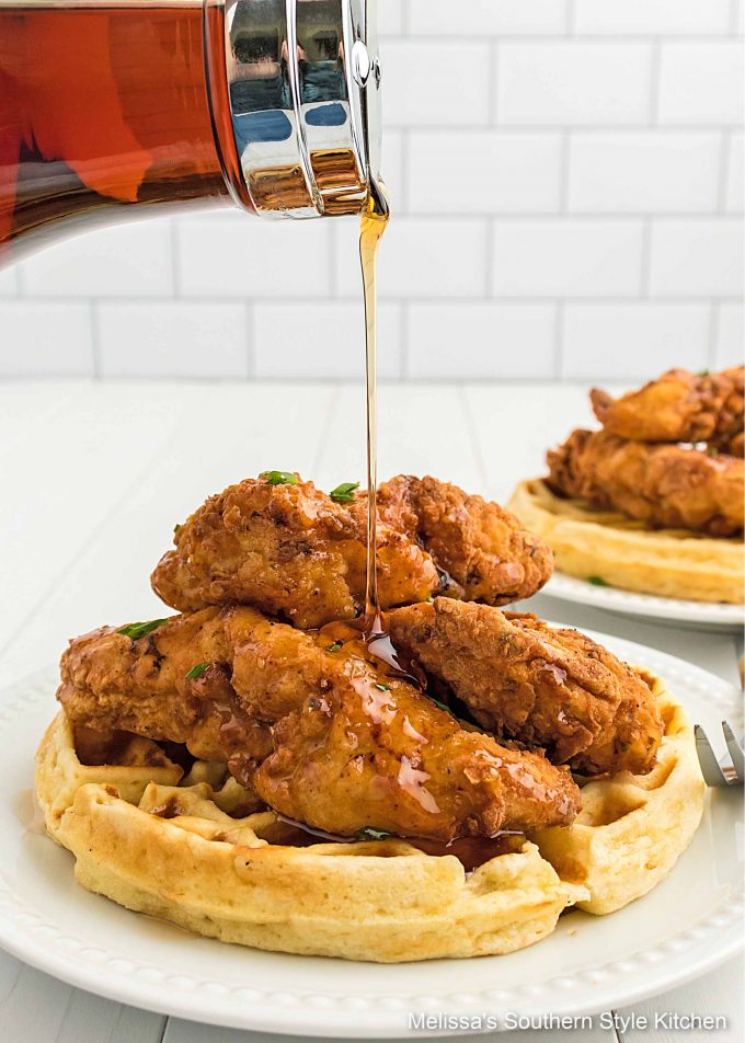 Southern Fried Chicken and Waffles drizzled with syrup