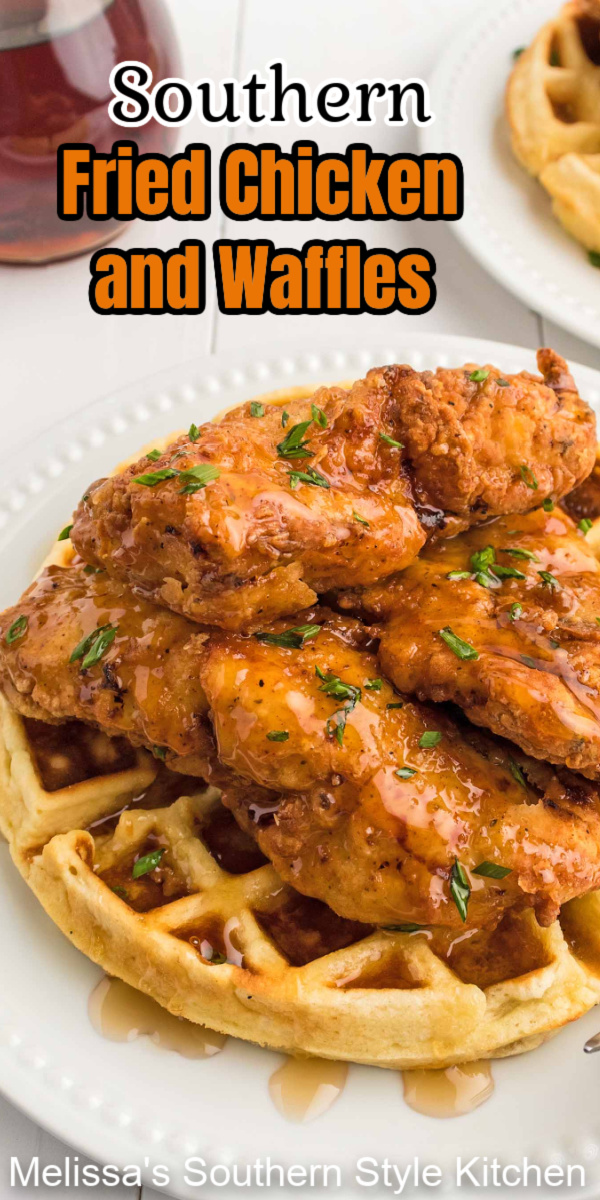 This Southern Fried Chicken and Waffles recipe can be served for breakfast, brunch, lunch or supper drizzled with warm maple syrup #chickenandwafflesrecipe #southernfriedchicken #chickenrecipes #chickenbreastrecipes #waffles #belgianwaffles #easychickenandwaffles via @melissasssk