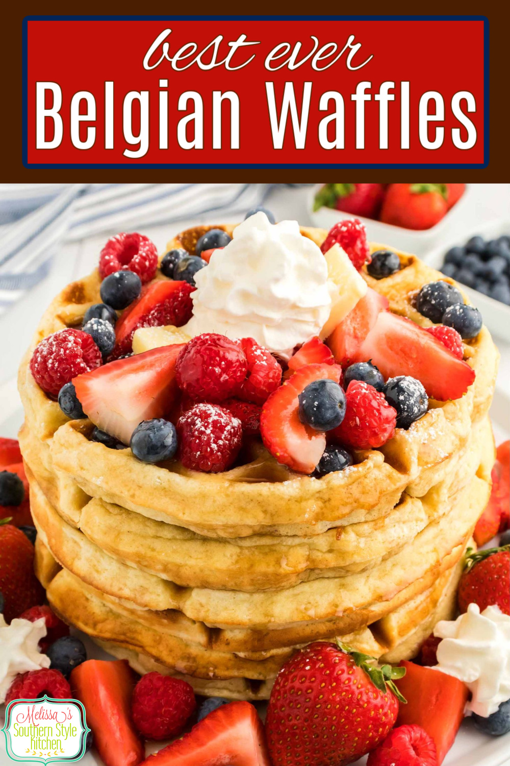 This Belgian Waffles Recipe is a stellar option for weekend breakfasts, holiday brunch or dessert topped with whipped cream and berries #waffles #belgianwaffles #wafflerecipes #holidaybrunch #breakfast #brunchrecipes via @melissasssk