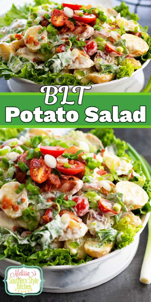 This tasty BLT Potato Salad features the best of potato salad and BLT fixings combining them into one satisfying dish #potatosalad #bltpotatosalad #potatoes #easypotatosaladrecipes #BLT #BLTrecipes #bacon #southernpotatosalad #salads #picnicsides via @melissasssk