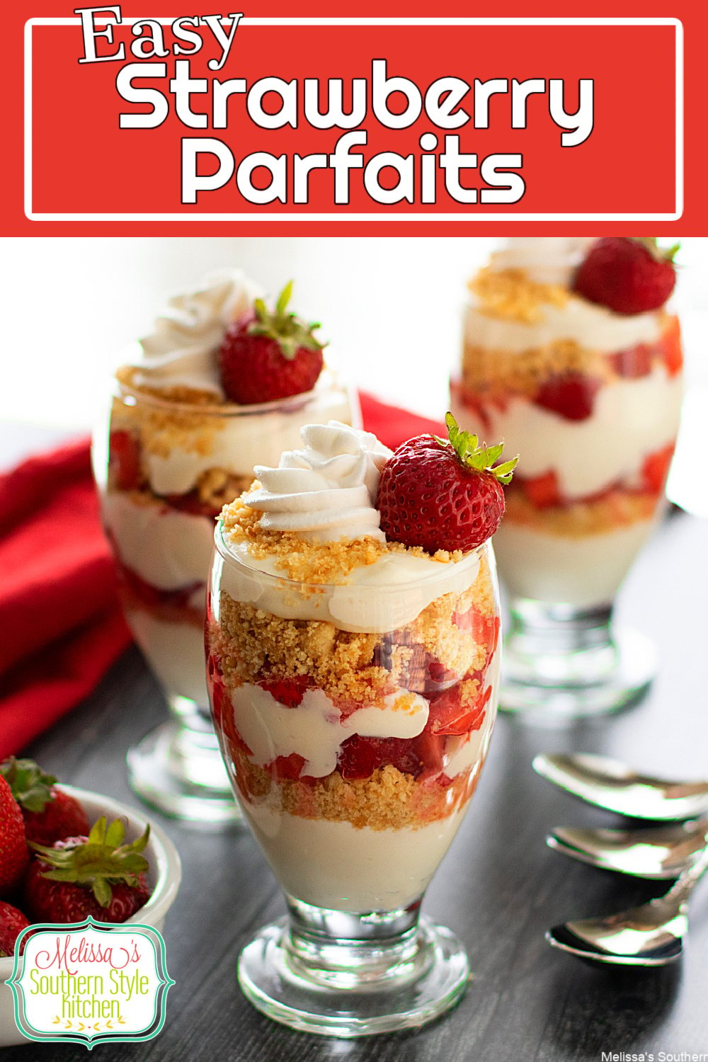 These pretty Easy Strawberry Parfaits feature layers of cheesecake, fresh macerated strawberries and buttered crumbs for texture #strawberries #strawberryparfaits #easystrawberryparfaits #parfaitrecipes #strawberrycheesecake #nobakedesserts