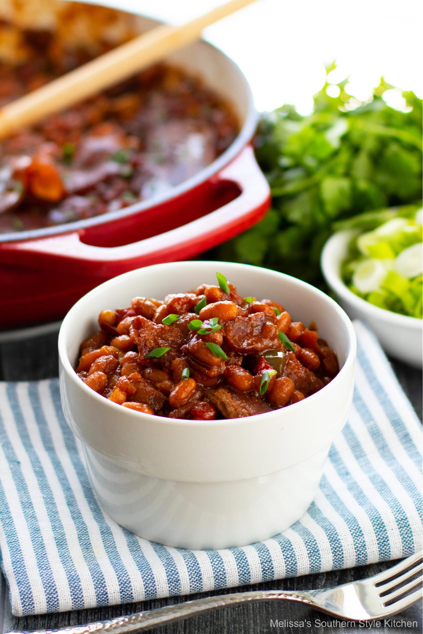 plated Homemade Baked Beans in a white bowl