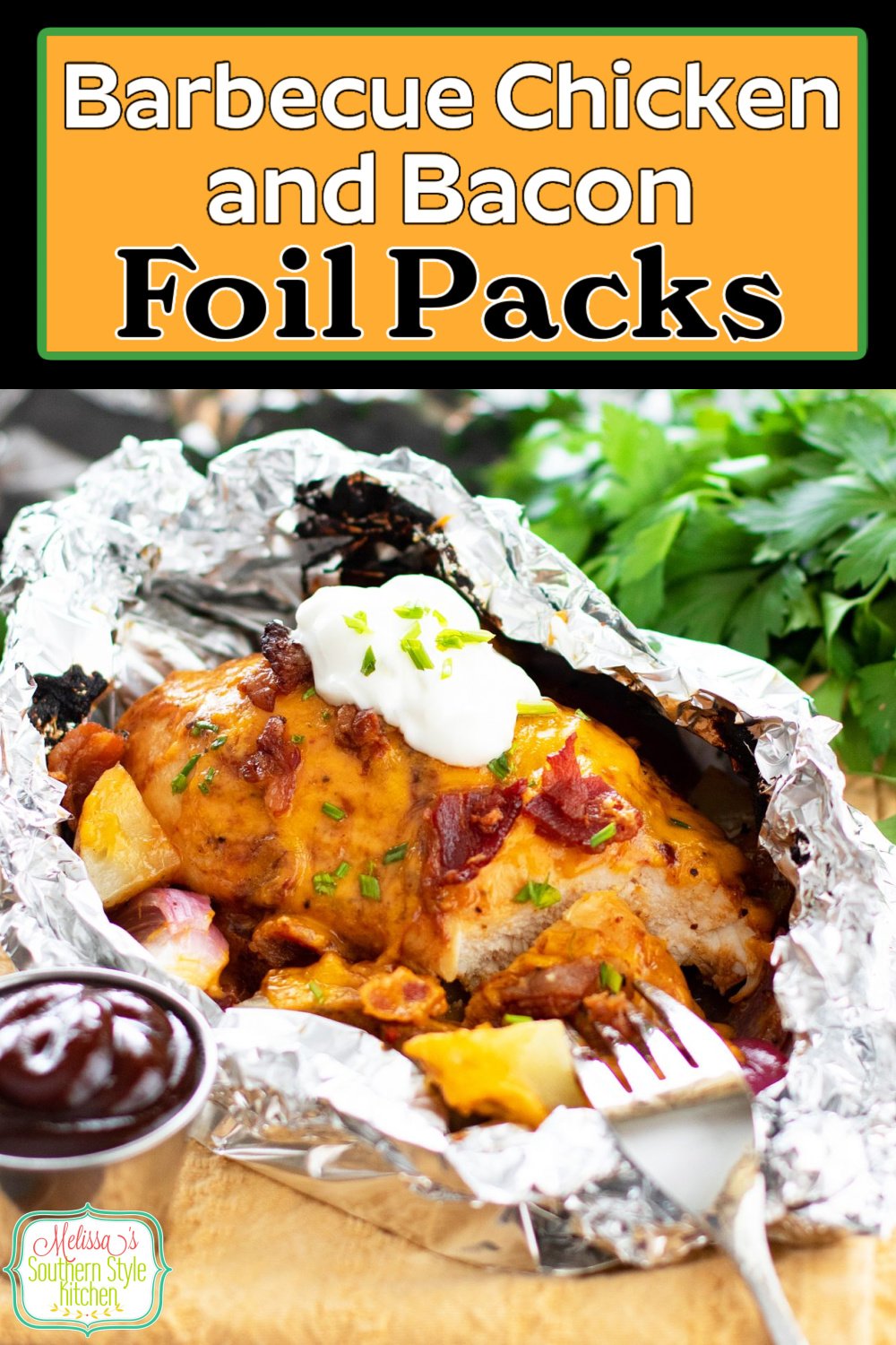 These oh so easy Barbecue Chicken and Potato Foil Packs can be made in the oven, on a grill or over a campfire #foilpacks #chickenfoilpacks #easychickenbreastrecipes #barbecuechicken #bbqchickenfoilpacks via @melissasssk