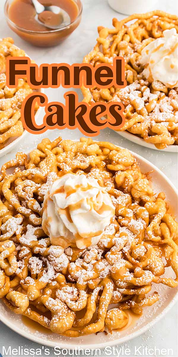 Treat the family to crispy Homemade Funnel Cakes dusted with powdered sugar, drizzled with syrup or topped with whipped cream and berries #funnelcakes #funnelcakerecipes #funnelcakes #southernstyle #southerndesserts #desserts #dessertfoodrecipes #fairfood #streetfood