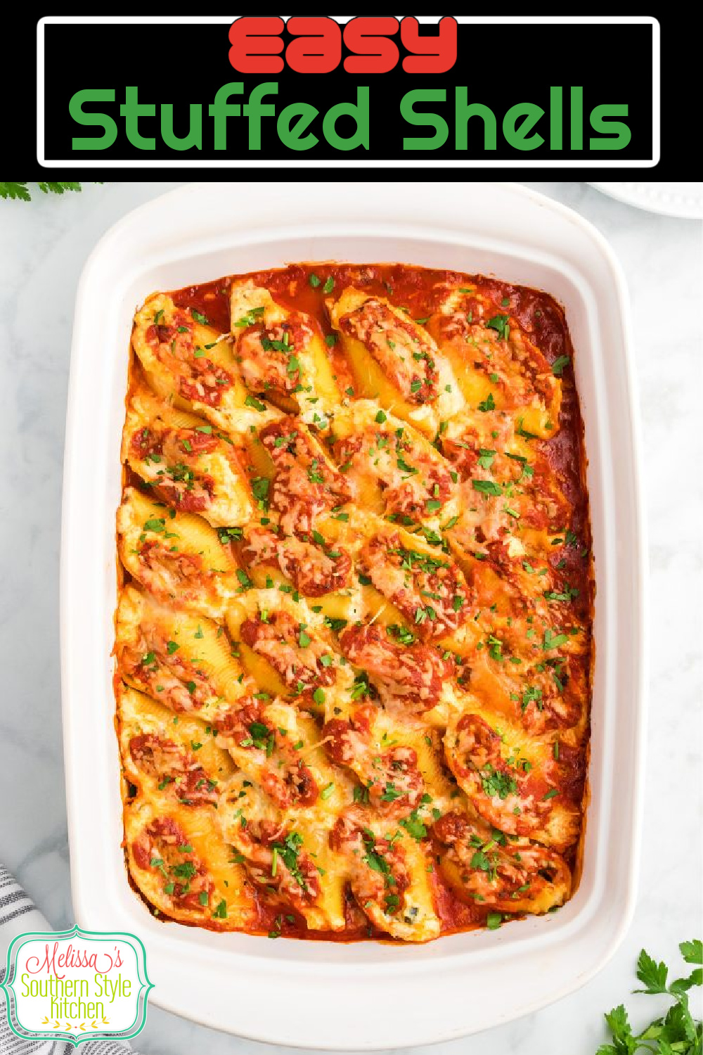 This easy cheese Stuffed Shells Recipe can be enjoyed as a flavorful main course or a side dish with your favorite Italian inspired entrées #stuffedshells #stuffedshellsrecipes #italianfood #pastarecipes #casseroles #vegetarianstuffedshells