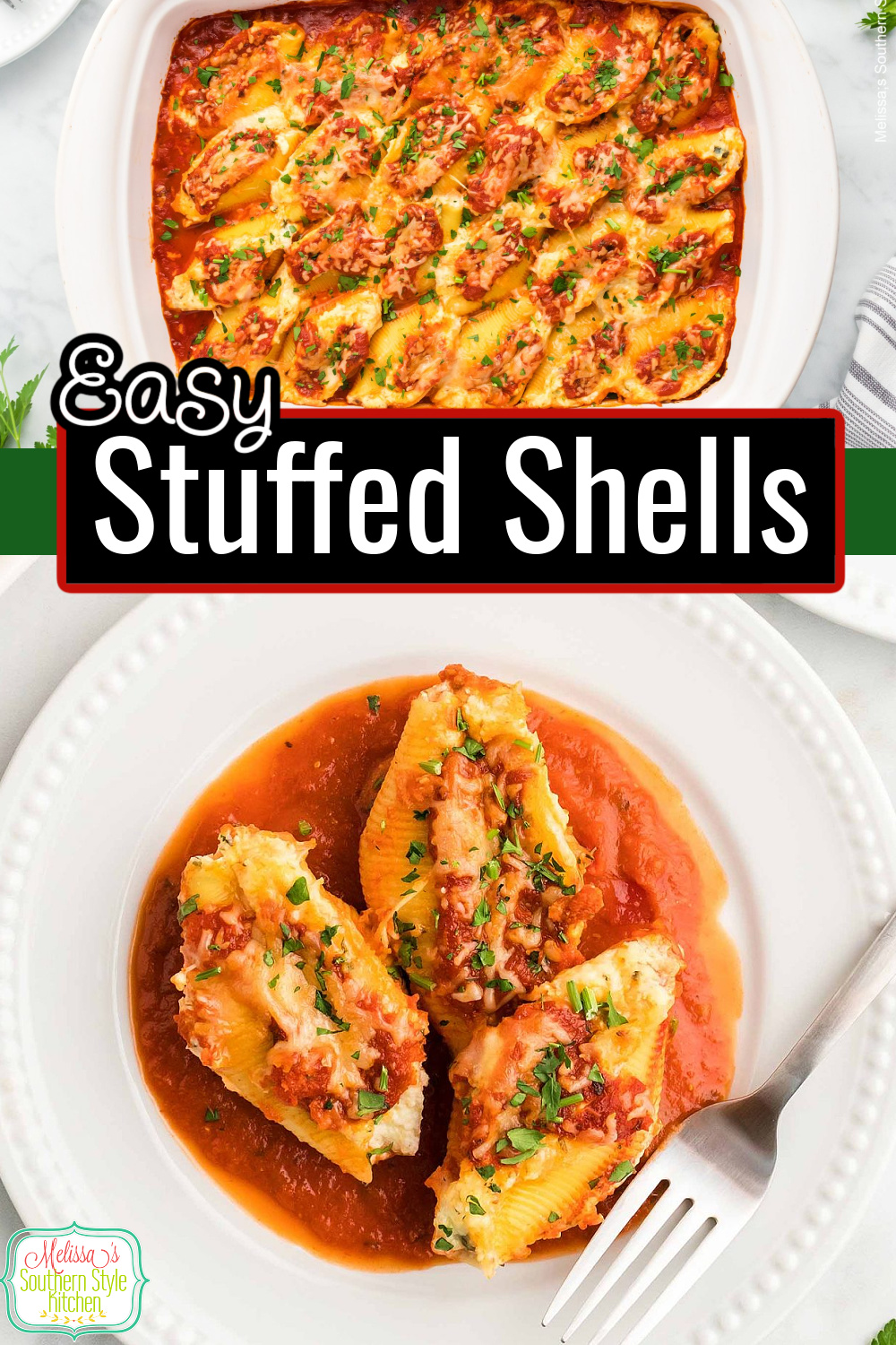 This easy cheese Stuffed Shells Recipe can be enjoyed as a flavorful main course or a side dish with your favorite Italian inspired entrées #stuffedshells #stuffedshellsrecipes #italianfood #pastarecipes #casseroles #vegetarianstuffedshells via @melissasssk