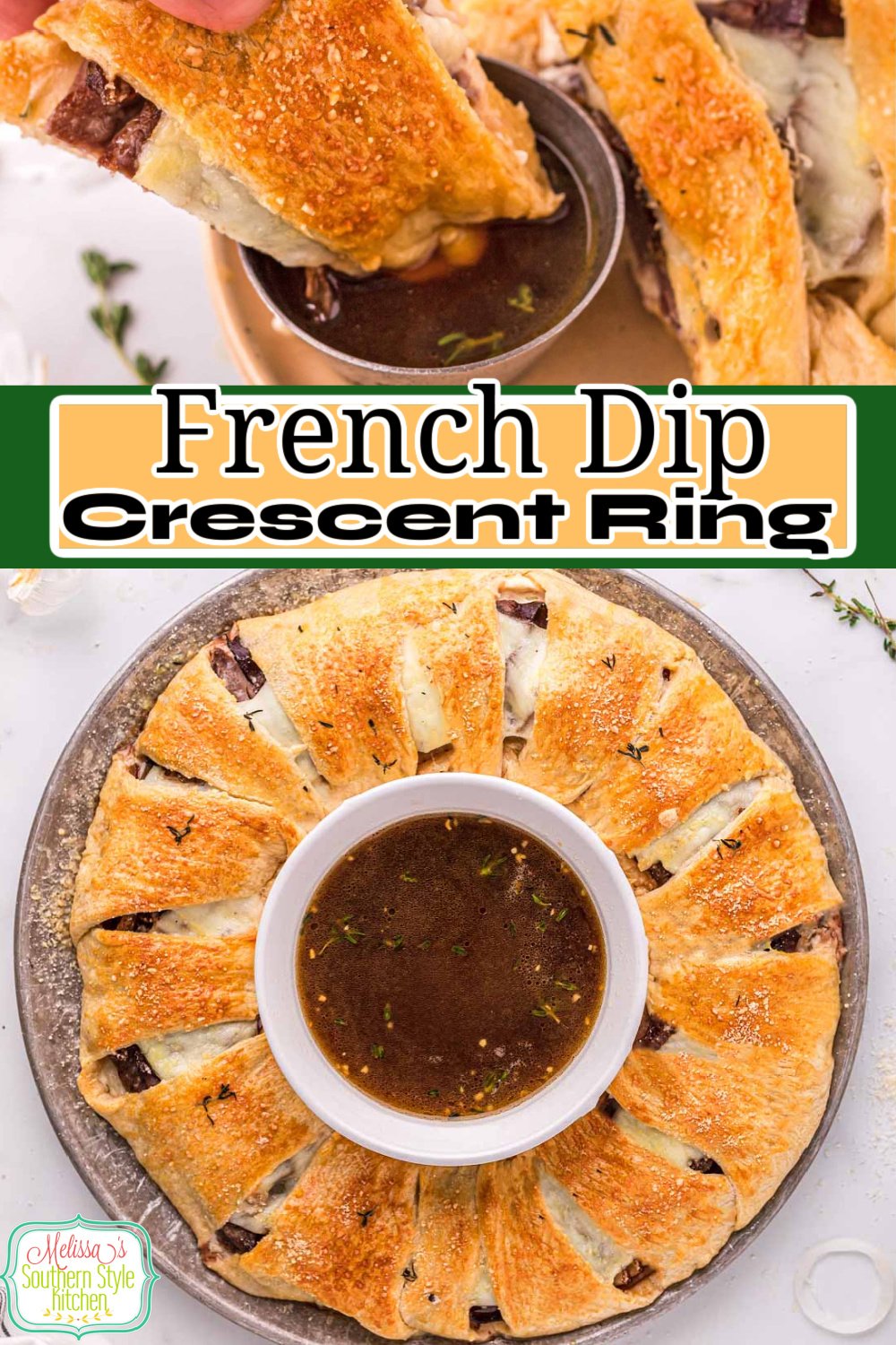 Serve French dips in an unexpected way with this French Dip Crescent Ring topped caramelized onions and au jus for dipping #frenchdips #roastbeef #frenchdiprecipes #crescentrings #crescentrolls #crescentrollrecipes #southernstyle #appetizers #gamedayrecipes via @melissasssk