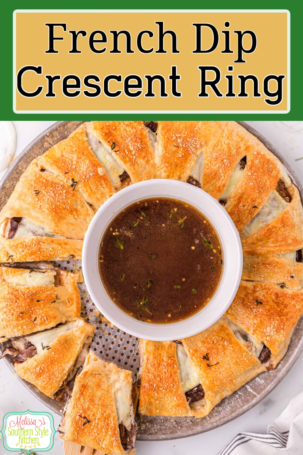 Serve French dips in an unexpected way with this French Dip Crescent Ring topped caramelized onions and au jus for dipping #frenchdips #roastbeef #frenchdiprecipes #crescentrings #crescentrolls #crescentrollrecipes #southernstyle #appetizers #gamedayrecipes via @melissasssk